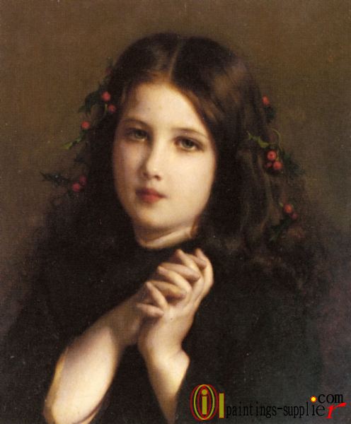 A Young Girl With Holly Berries In Her Hair.
