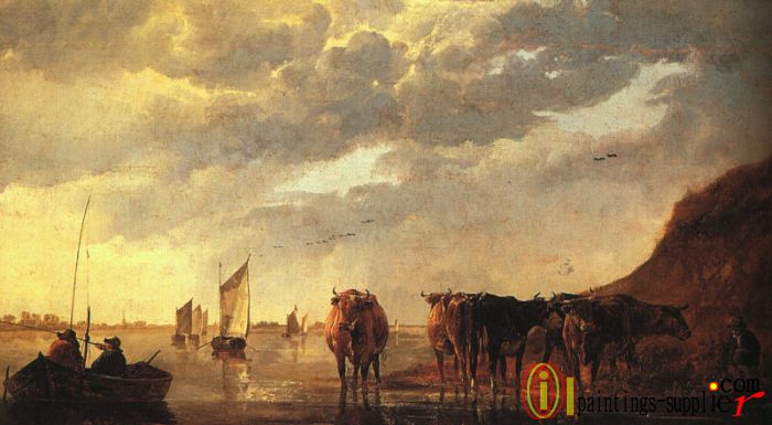 Herdsman with Cows by a River,1650