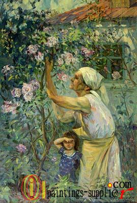 Mother with granddaughter and roses