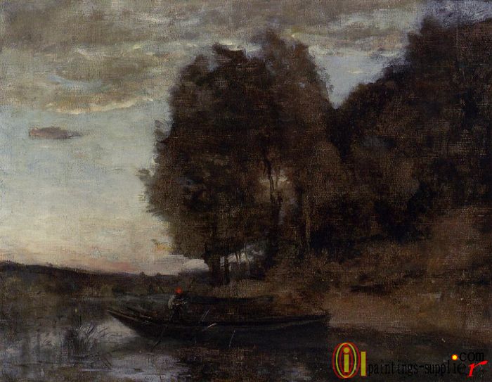 Fisherman Boating along a Wooded Landscape,1860