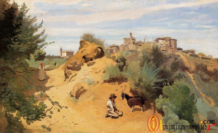 Genzano - Goatherd and Village,1843