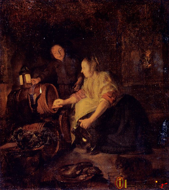 A Woman Drawing Wine From A Barrel