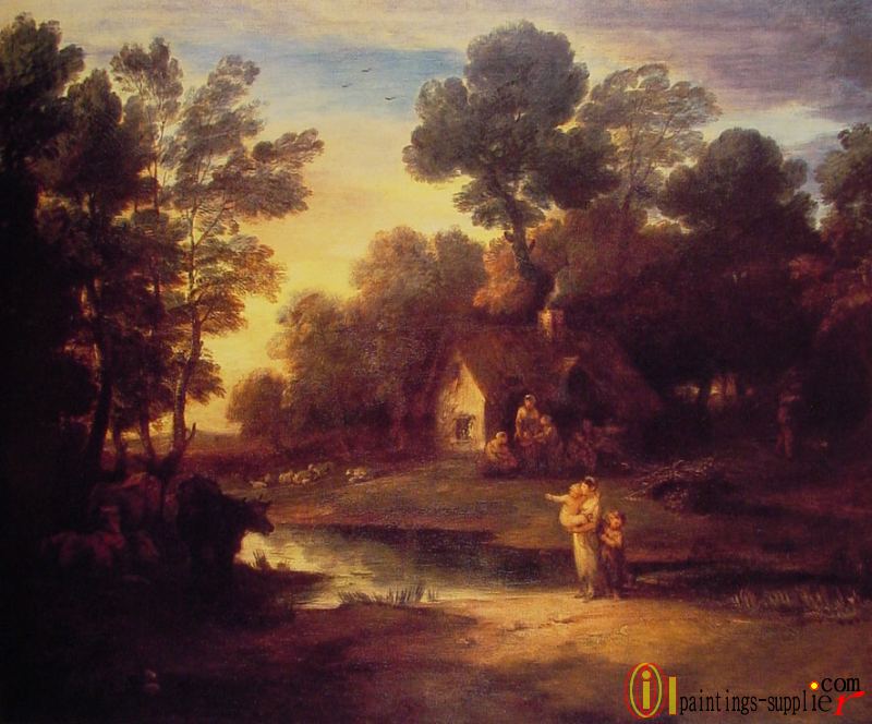 Wooded Landscape with Cattle by a Pool and a Cottage at Evening,1782