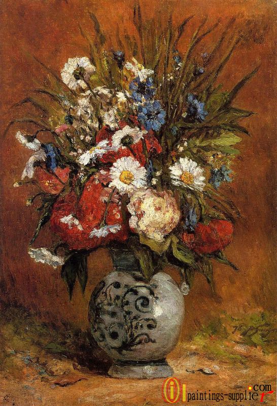 Daisies and Peonies in a Blue Vase.