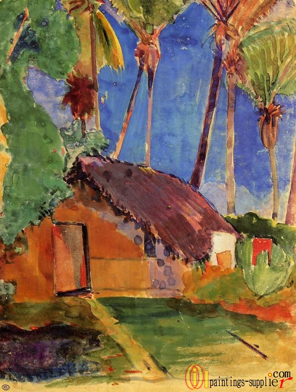 Thatched Hut under Palm Trees.