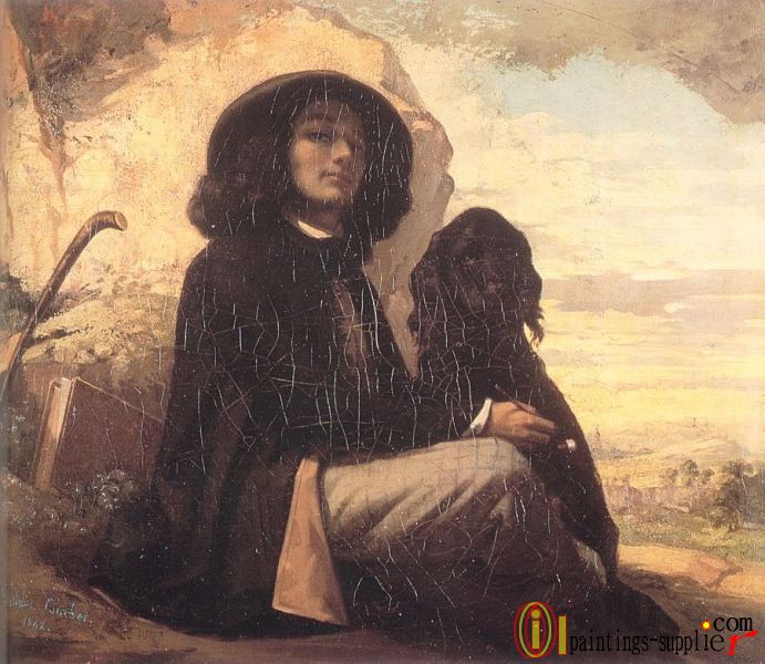 Self Portrait Courbet with a Black Dog