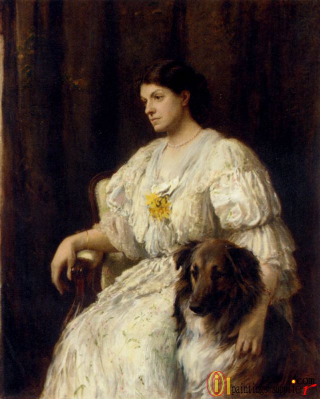 Portrait of a lady with her collie, seated, three-quarter length.