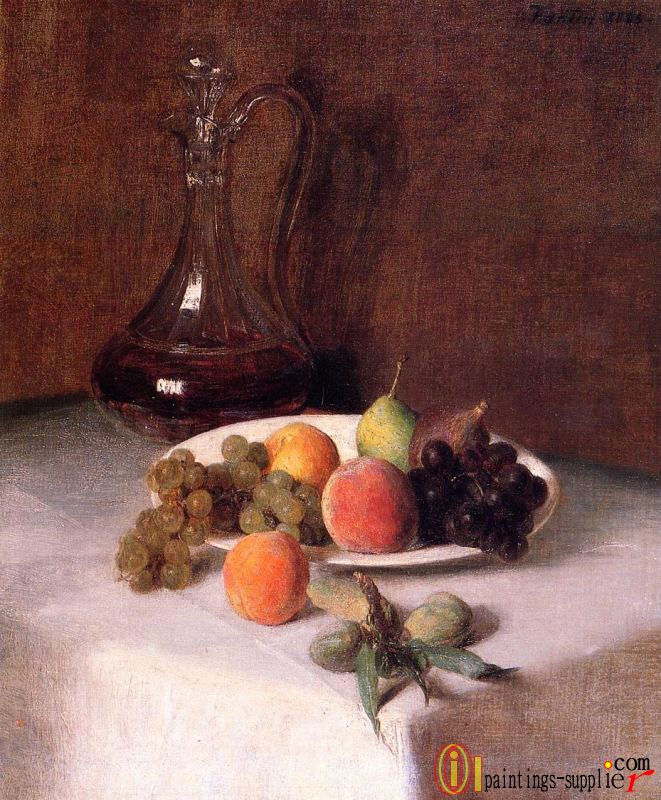 A Carafe of Wine and Plate of Fruit on a White Tablecloth.
