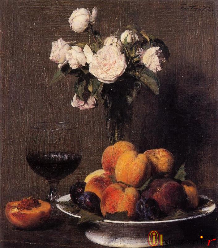 Still Life with Roses, Fruit and a Glass of Wine.
