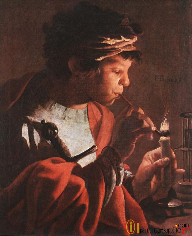 Boy Lighting A Pipe