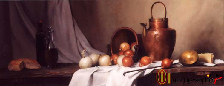 Still Life with Bread, Onions and Brass Water