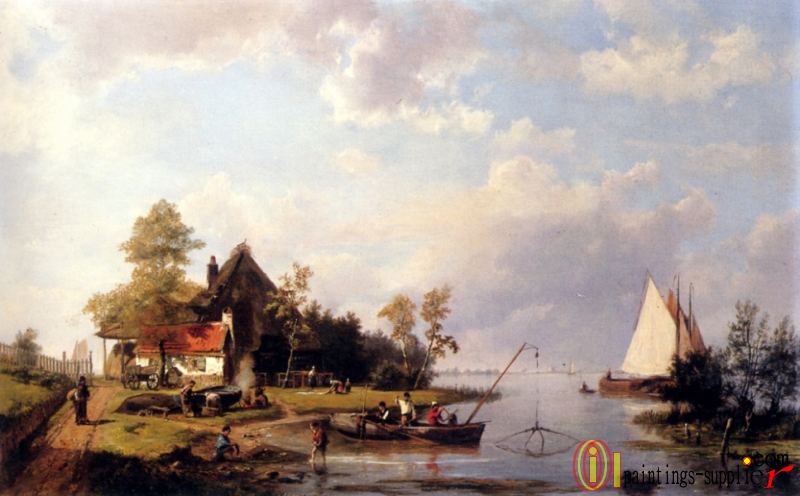 A River Landscape With A Ferry And Figures Mending A Boat