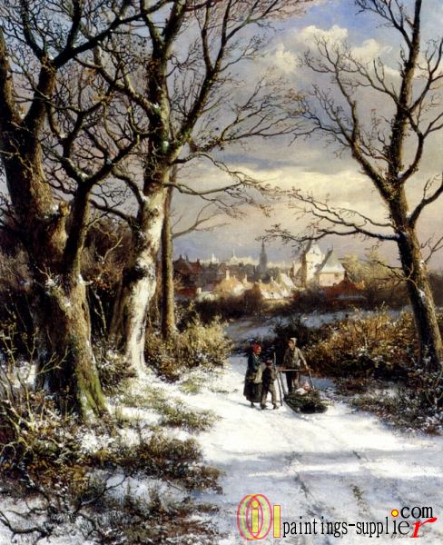 Barend Figures On A Snowy Road.