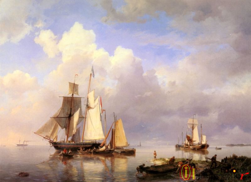 Vessels At Anchor In Estuary With Fisherman