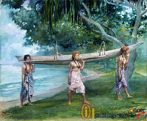 Girls Carrying A Canoe Vaiala In Samoa