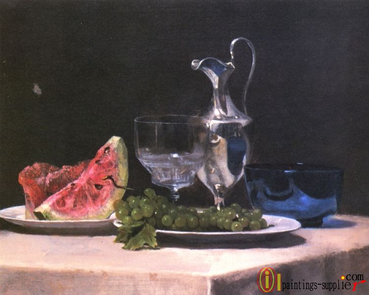 Still life study of silver glass and fruit