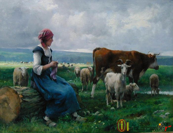 Shepherdess with Goat, Sheep and Cow