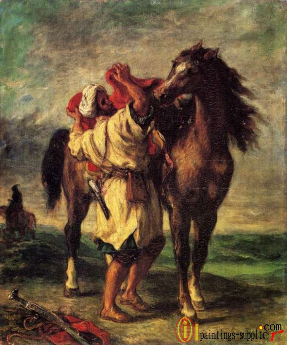 A Moroccan Saddling A Horse,1855
