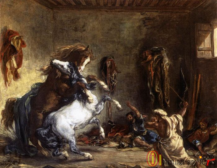 Arab Horses Fighting in a Stable,1860