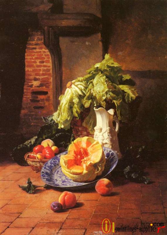 A Still Life With A White Porcelain Pitcher, Fruit And Vegetables