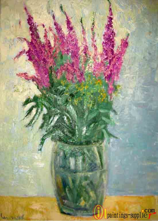 Still Life with purple flowers.