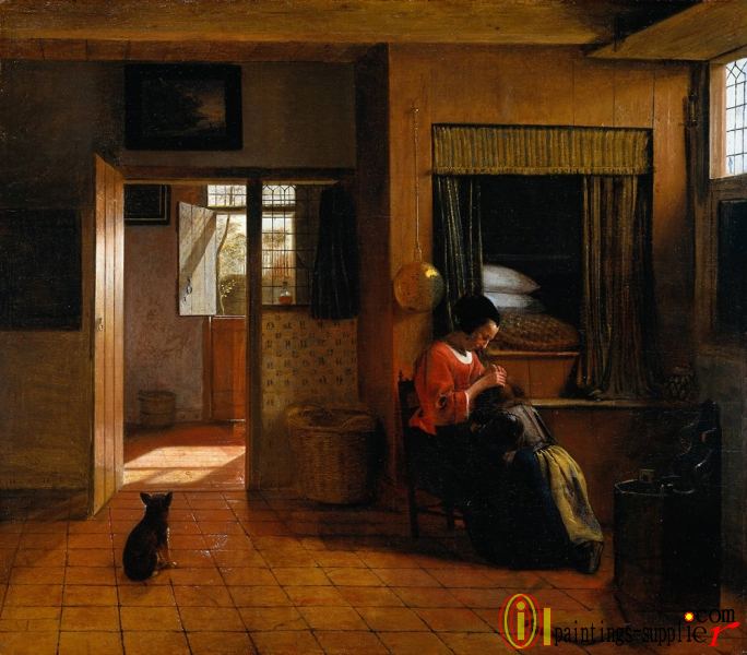 Interior with a Mother delousing her child-s hair