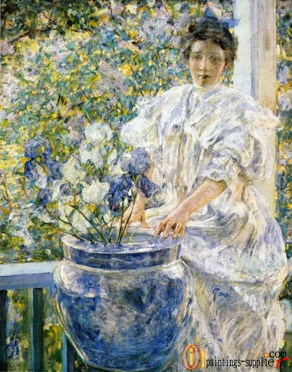 Woman on a Porch with Flowers.