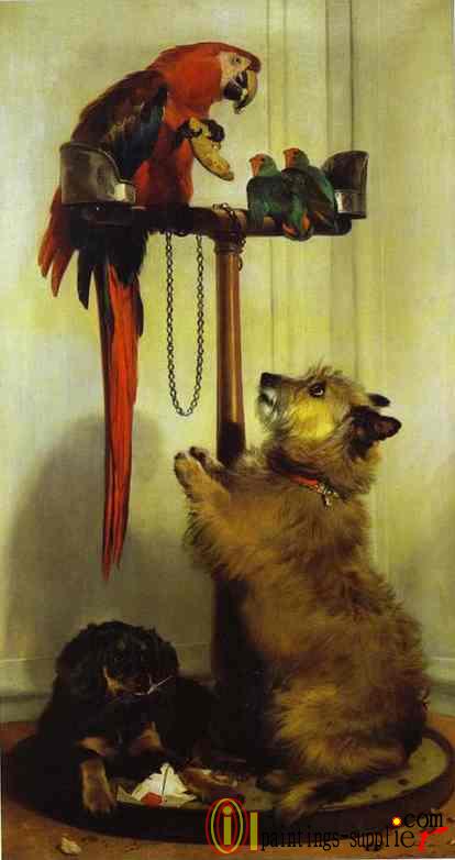 Macaw, Love Birds, Terrier, and Spaniel Puppies, Belonging to Her Majesty(1839)