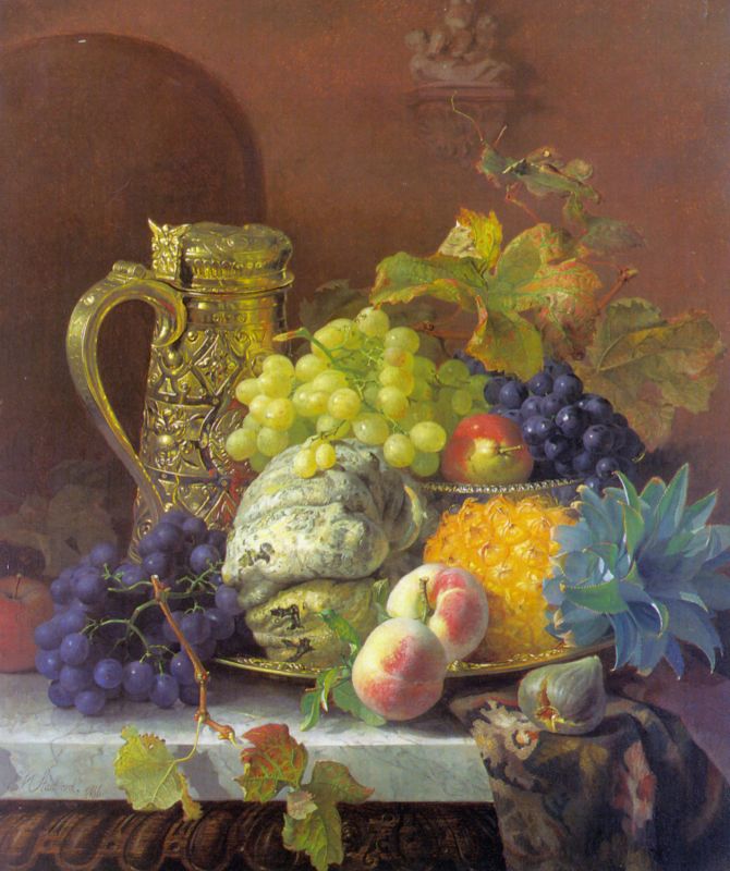 Fruits on a tray with a silver flagon on a marble ledge..