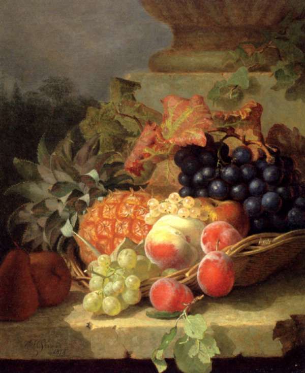Peaches, Grapes And A Pineapple In A Basket, On A Stone Ledge...