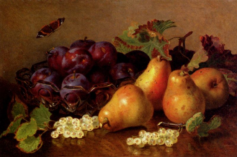 Still Life With Pears, Plums In A Glass BowlAnd White Currants On A Table.