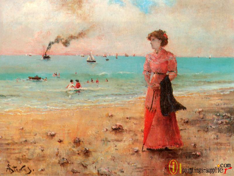 Jeune femme alombrelle rouge au bord de la mer,c1885