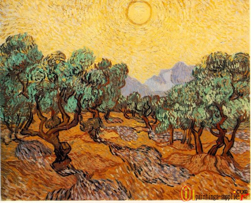 Olive Trees with Yellow Sky and Sun.