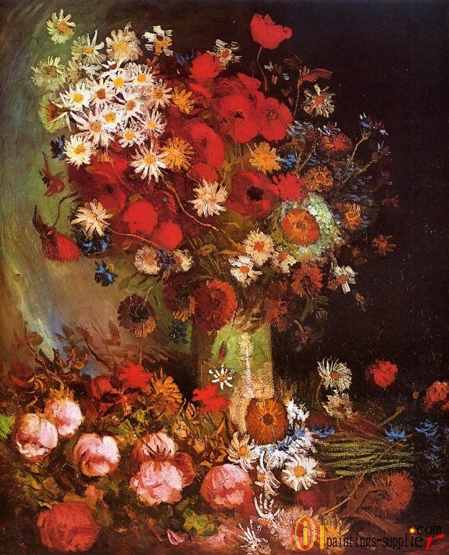 Vase with Poppies, Cornflowers, Peonies and Chrysanthemums.