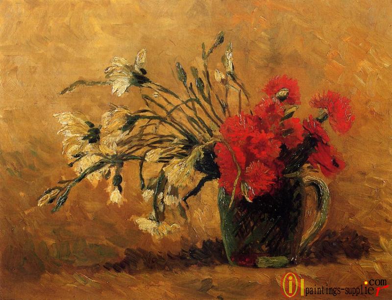 Vase with Red and White Carnations on a Yellow Background