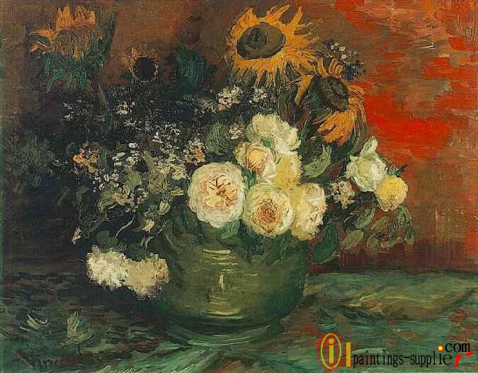 Bowl with Sunflowers, Roses and Other Flowers