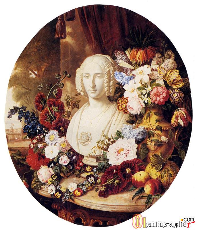 A Still Life With Assorted Flowers Fruit And A Marble Bust Of A Woman
