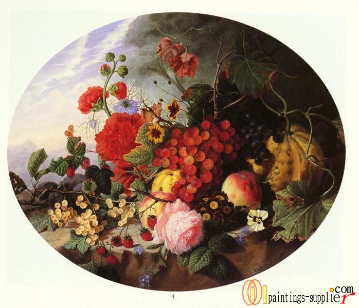 STILL LIFE WITH FRUIT AND FLOWERS ON A ROCKY LEDGE