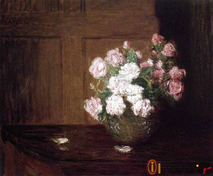 Roses in a Silver Bowl on a Mahogany Table