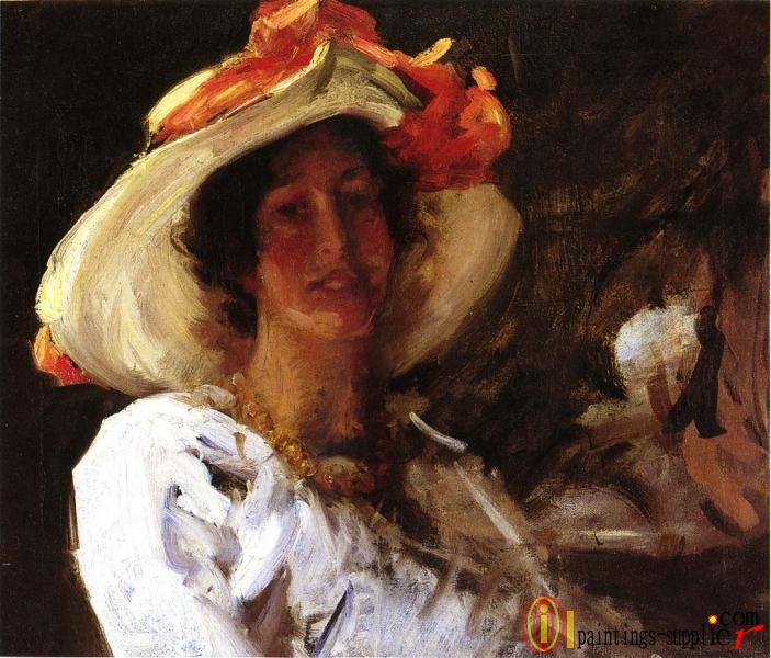 Portrait of Clara Stephens Wearing a Hat with an Orange Ribbon.