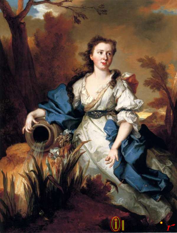 Portrait of Marianne de Mahony, full-length, in a blue and white dress, as a water