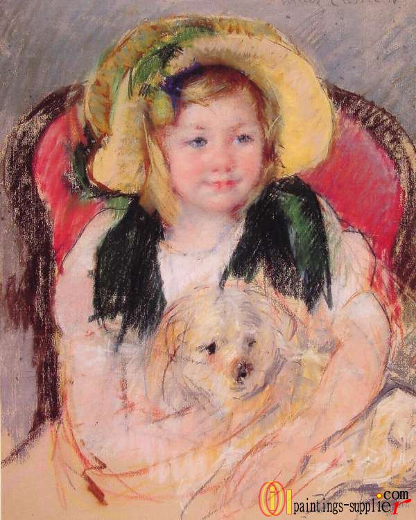 Sara with Her Dog, in an Armchair, Wearing a Bonnet with a Plum Ornament,1901