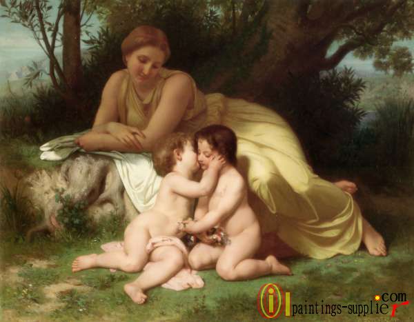 Jeune femme contemplant deux enfants qui s'embrassent ,1861