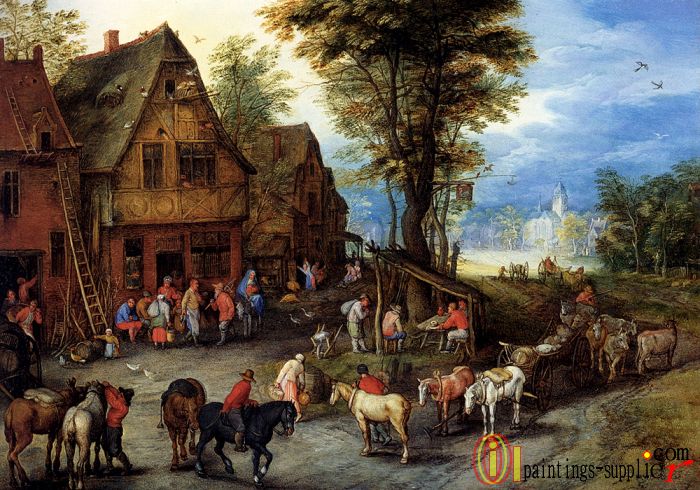 A Village Street With The Holy Family Arriving At An Inn ,1608