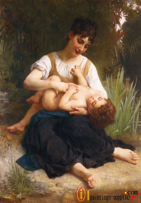 Les joies d'une mère (jeune fille chatouillant un enfant )1878