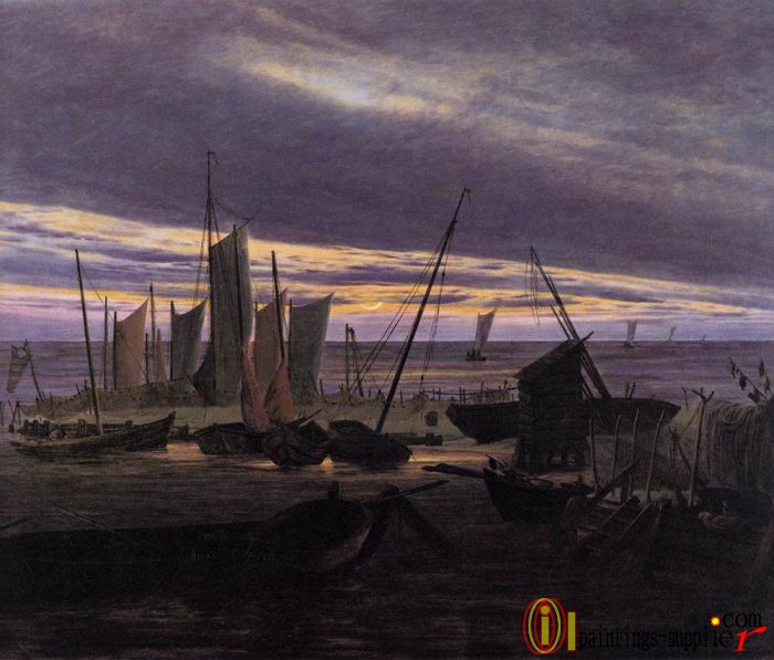 Caspar David Boats In The Harbour At Evening