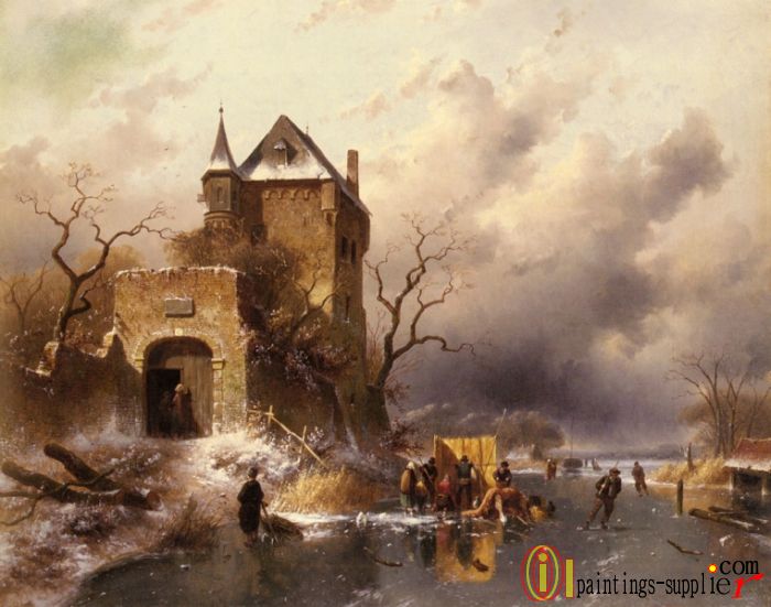Skaters On A Frozen Lake By The Ruins Of A Castle