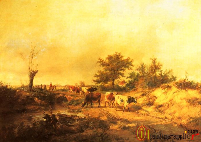 a Boy on a Donkey driving Cattle along a Road, the Cathedral beyond ,1833