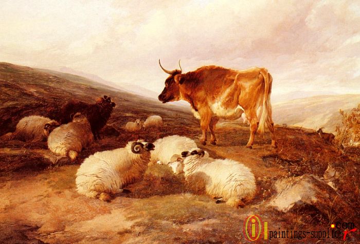 Rams And A Bull In A Highland Landscape,1855
